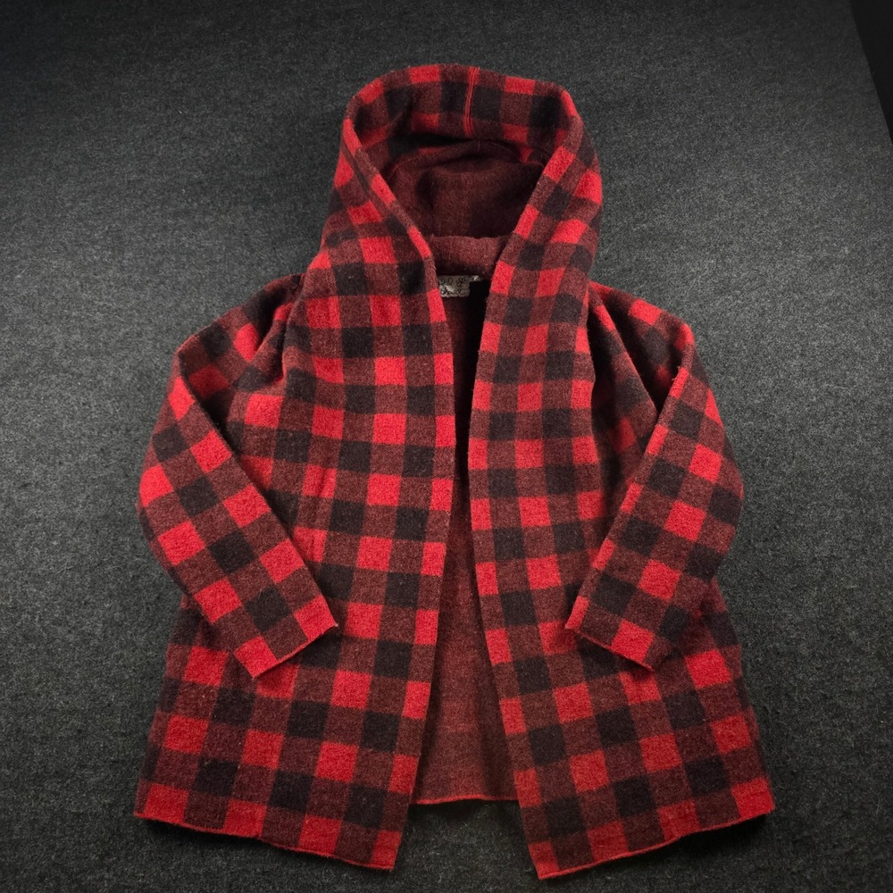 Anthropologie Field Flower Hooded Cardigan Red Black Buffalo Plaid Wool Womens S